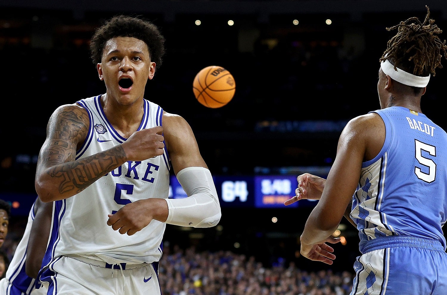 Paolo Banchero of the Duke Blue Devils reacts in the second half against the North Carolina Tar Heels during the 2022 NCAA Men's Basketball Tournament semifinal at Caesars Superdome on April 02, 2022.