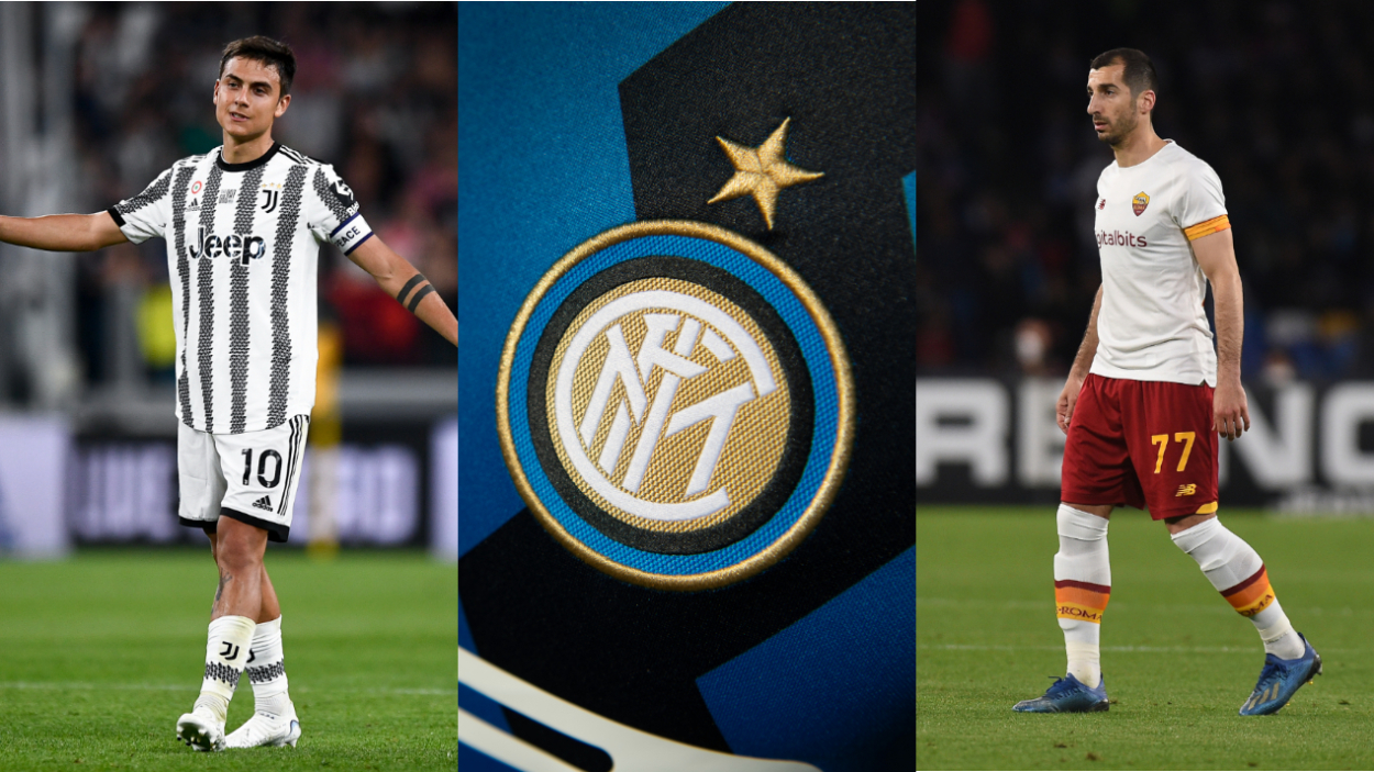 Inter Milan jersey (C) and club 2022 transfer rumors Paulo Dybala (L) and Henrikh Mkhitaryan.