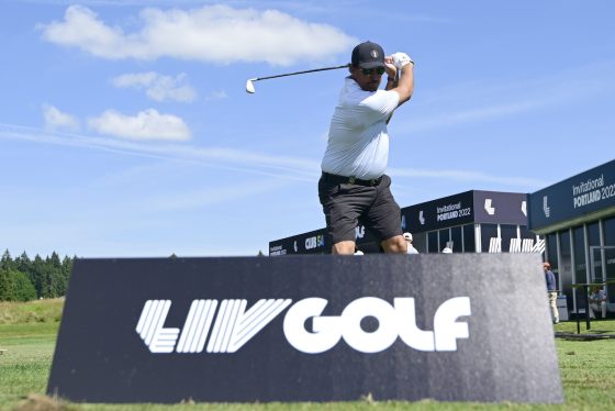 Phil Mickelson warms up before the LIV Golf event in Portland.