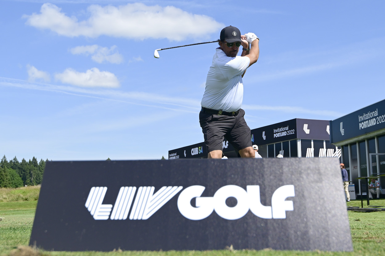 Phil Mickelson warms up before the LIV Golf event in Portland.