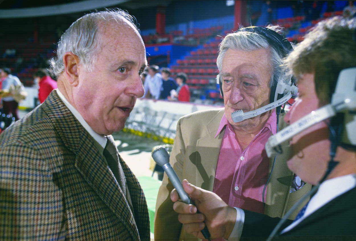 President and Vice Chairman Red Auerbach of the Boston Celtics talks with the media.