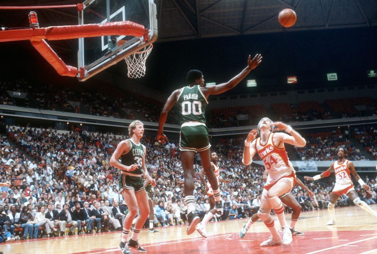 Robert Parish of the Boston Celtics in action against the Atlanta Hawks.