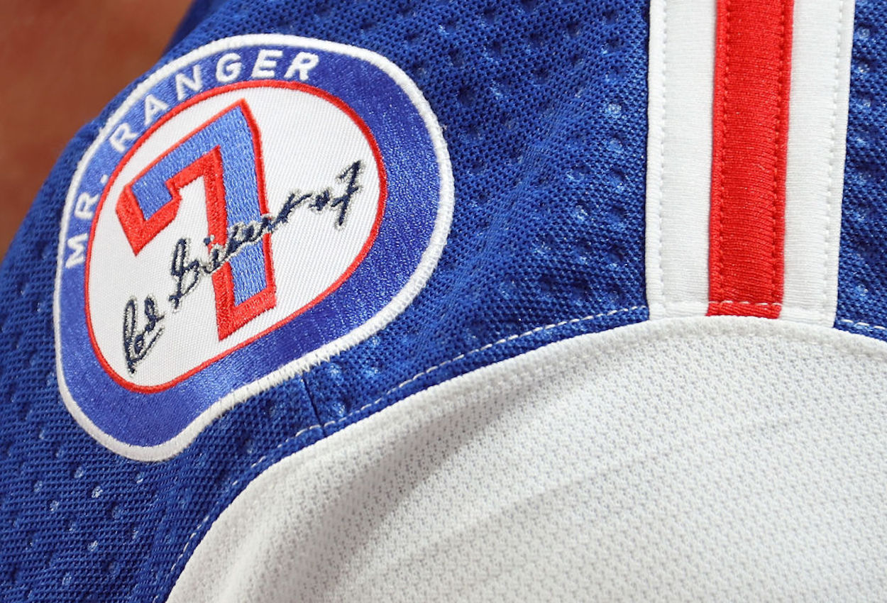 A Rod Gilbert patch on a New York Rangers jersey.