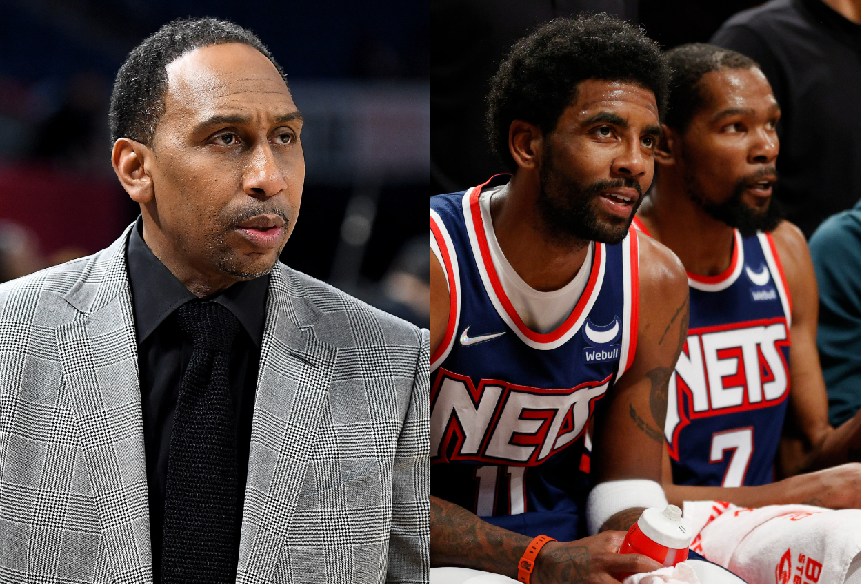 ESPN commentator Stephen A. Smith and Brooklyn Nets stars Kyrie Irving and Kevin Durant