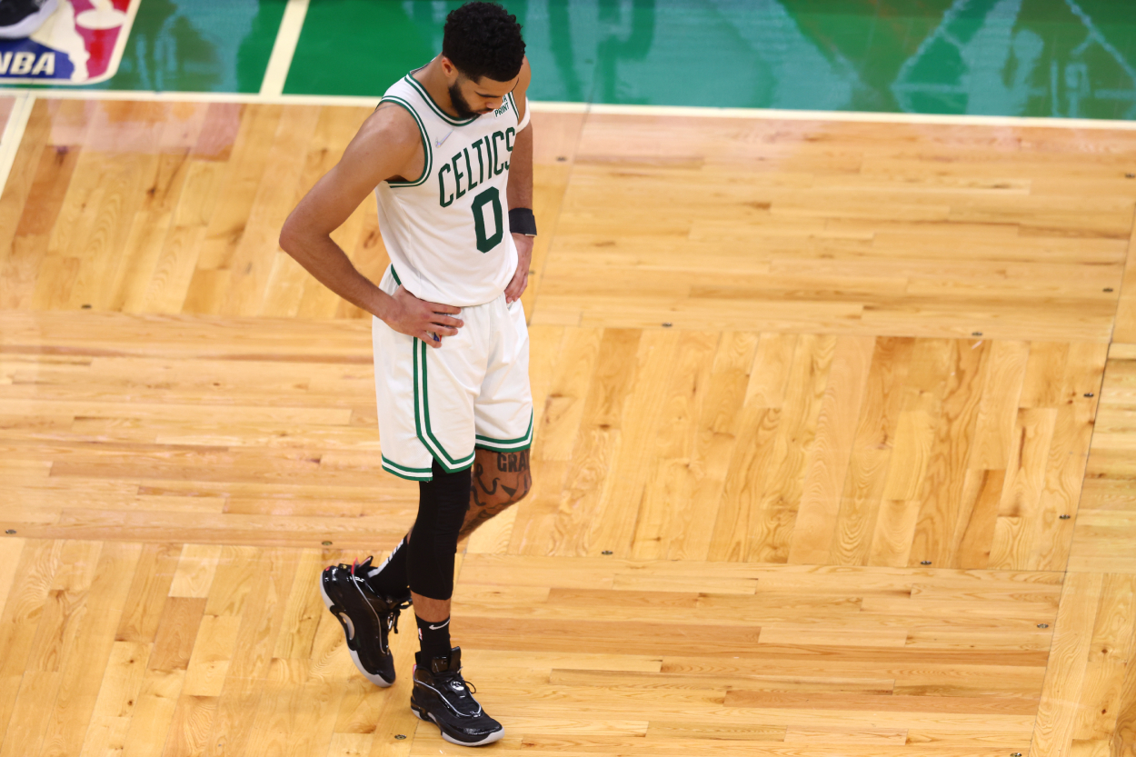 Jayson Tatum of the Boston Celtics reacts against the Golden State Warriors.