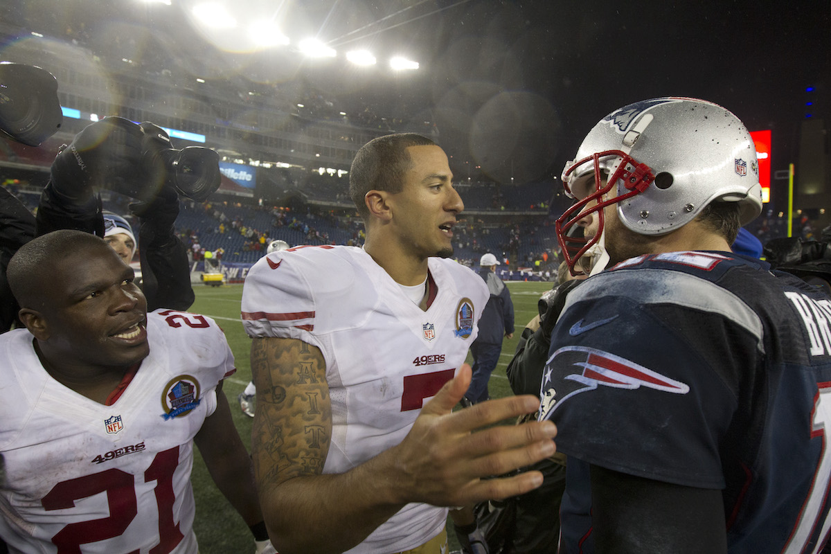 New England Patriots Tom Brady shakes hands with San Francisco 49ers Colin Kaepernick in 2012