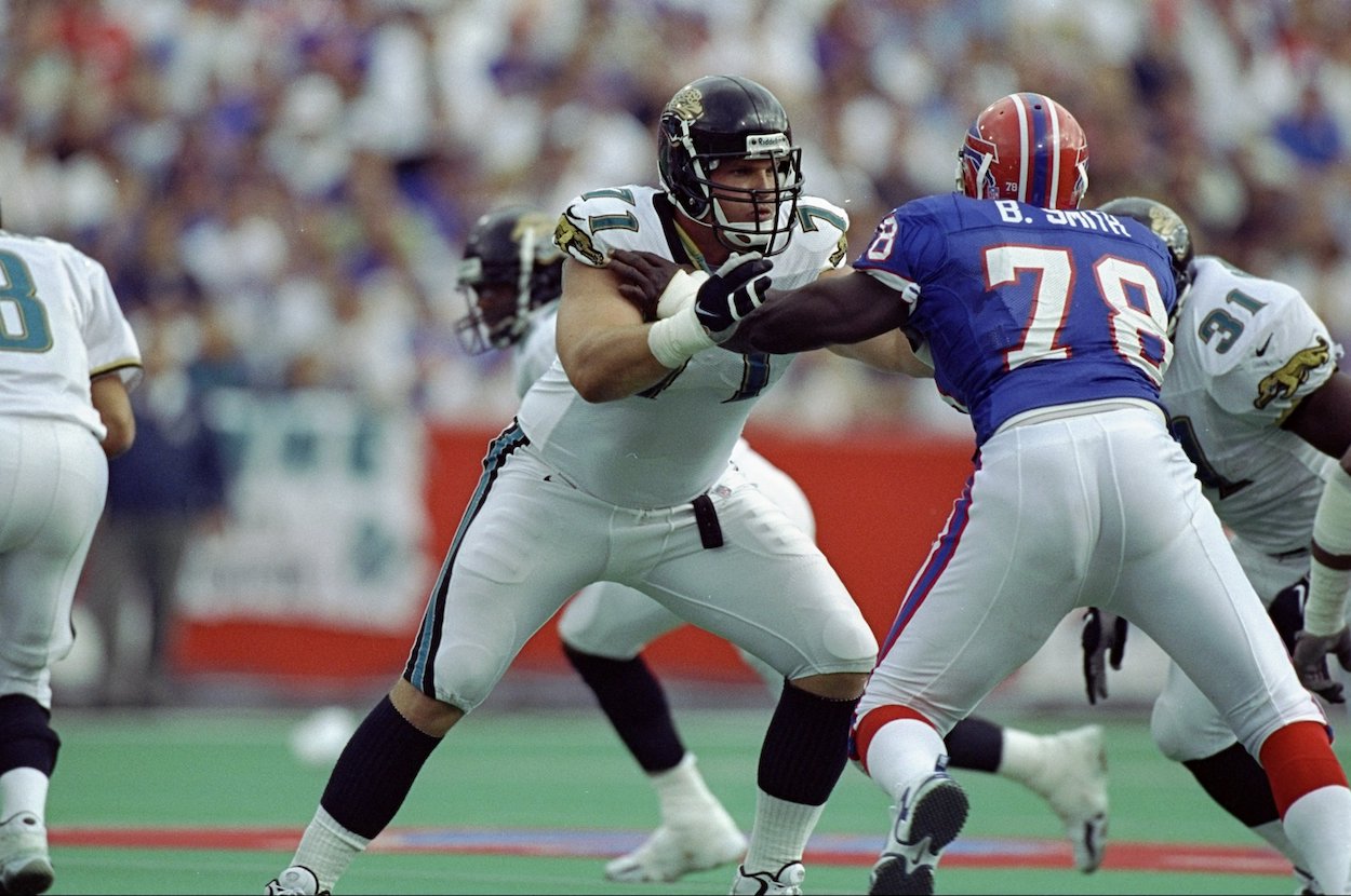 Offensive tackle Tony Boselli of the Jacksonville Jaguars in action against defensive end Bruce Smith of the Buffalo Bills