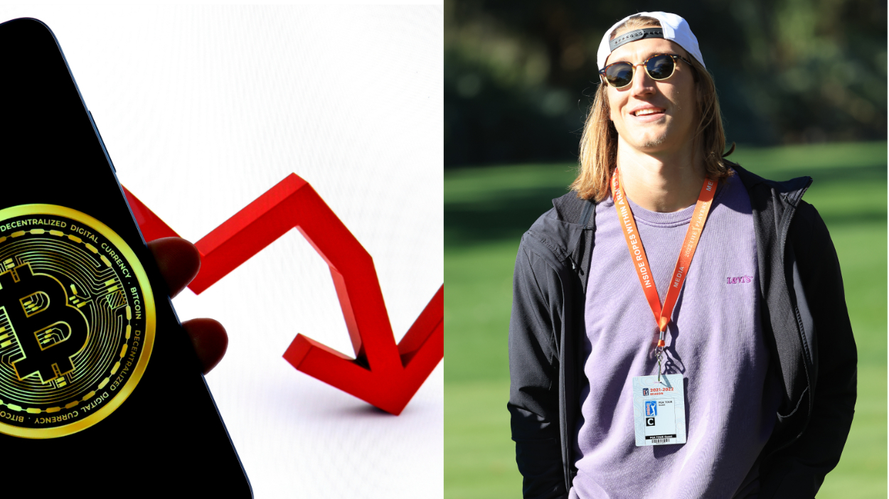 Jacksonville Jaguars QB Trevor Lawrence (L) dispelled a story that he lost $15 million of his signing bonus in the crypto market dip (R).
