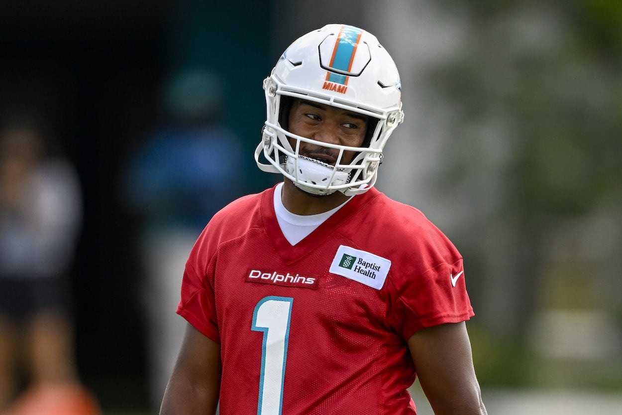 Miami Dolphins quarterback Tua Tagovailoa at OTAs where he hit Tyreek Hill on a deep pass.