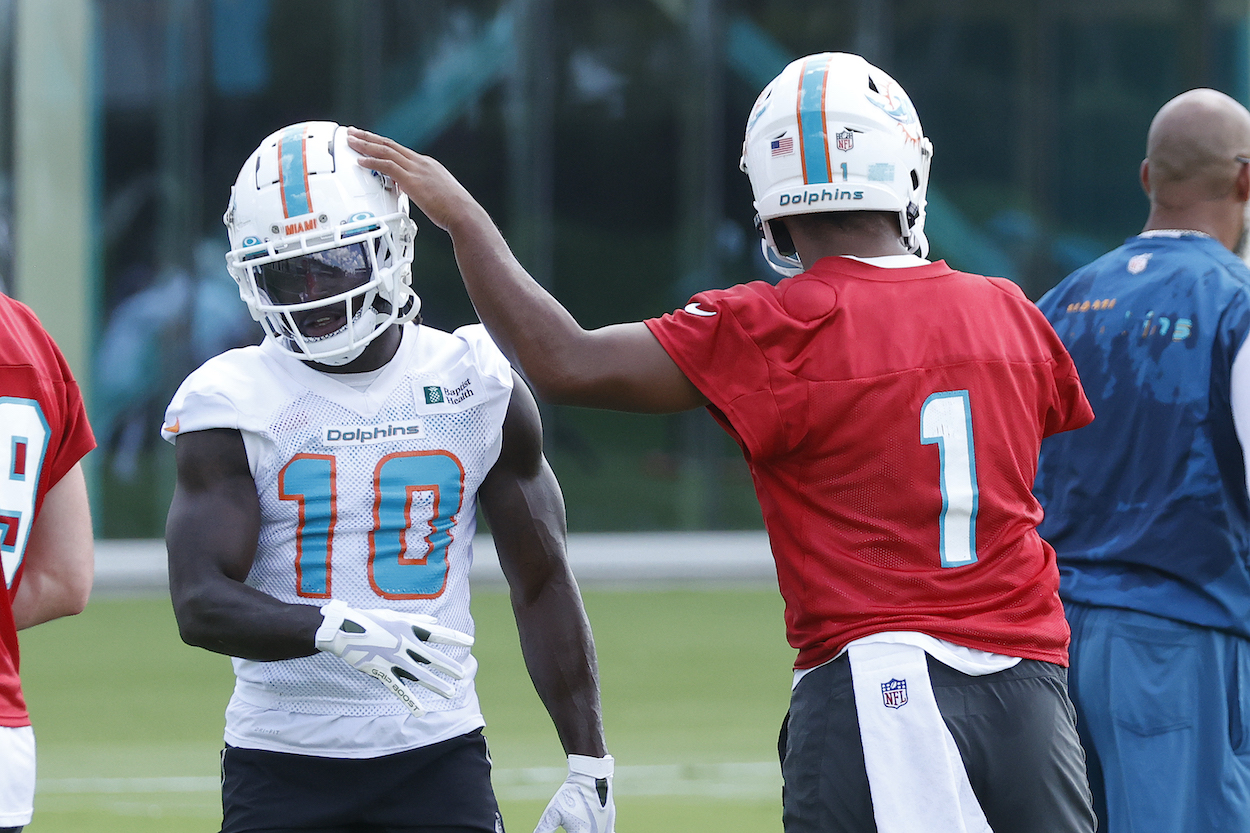 Tua Tagovailoa and Tyreek Hill during Dolphins minicamp.