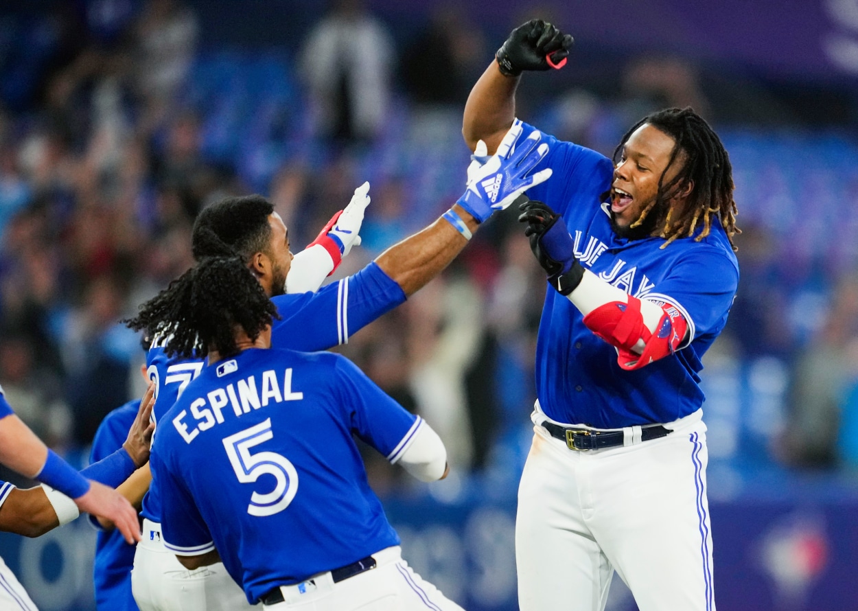 Vladimir Guerrero Jr. of the Toronto Blue Jays celebrates his walk-off single.