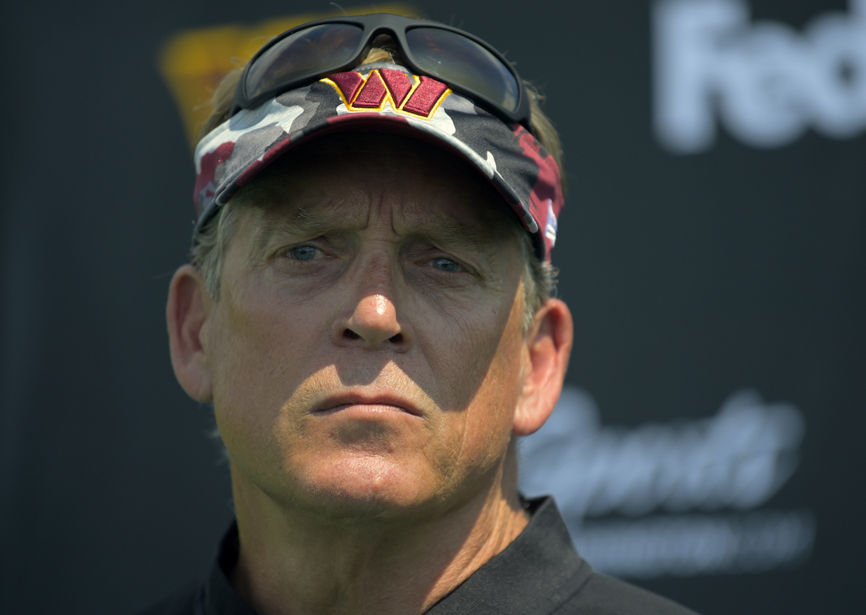 Washington Commanders defensive coordinator Jack Del Rio talks to the media after an OTA about the January 6 U.S. Capitol Riots.