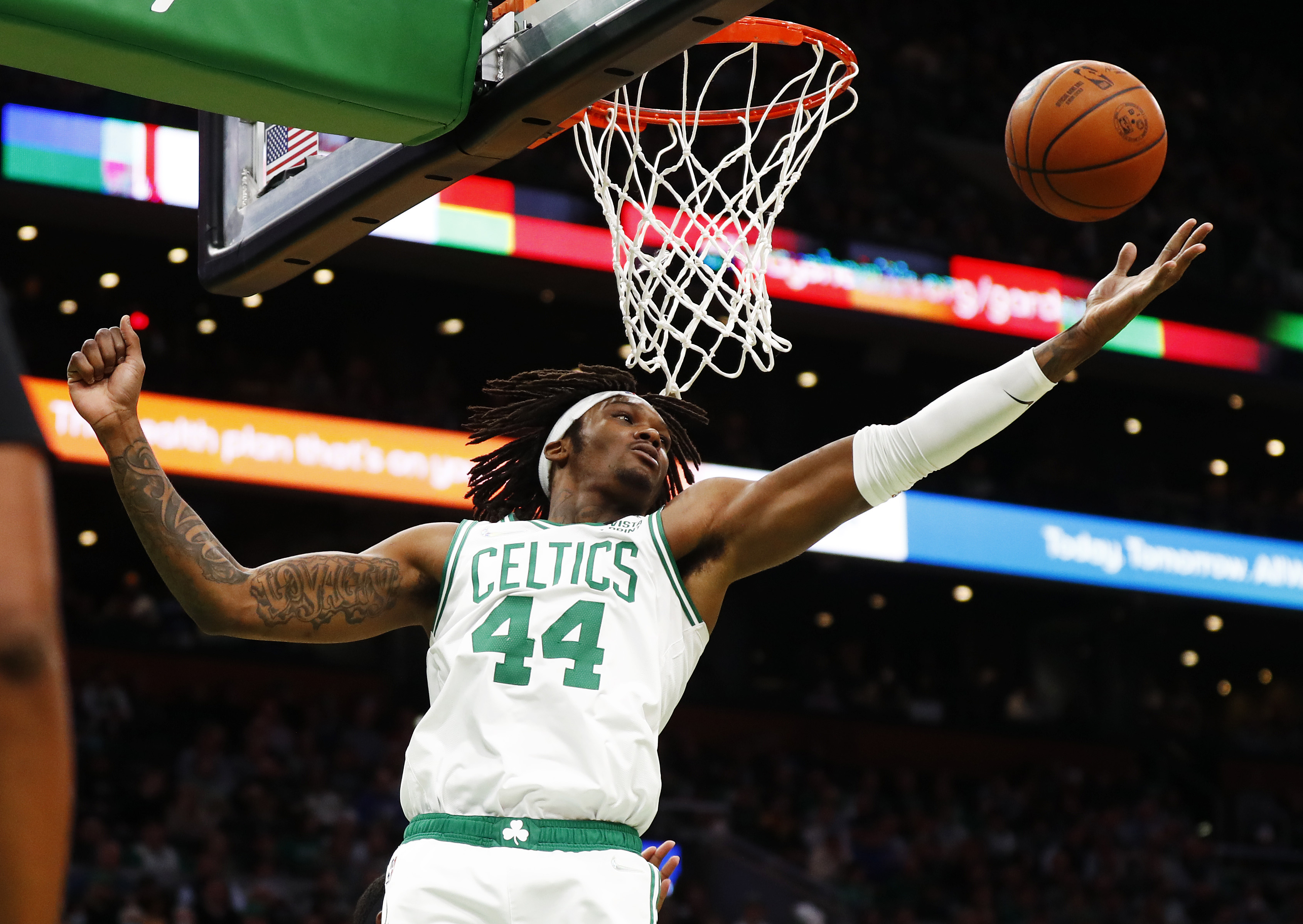 Robert Williams III of the Boston Celtics rebounds.