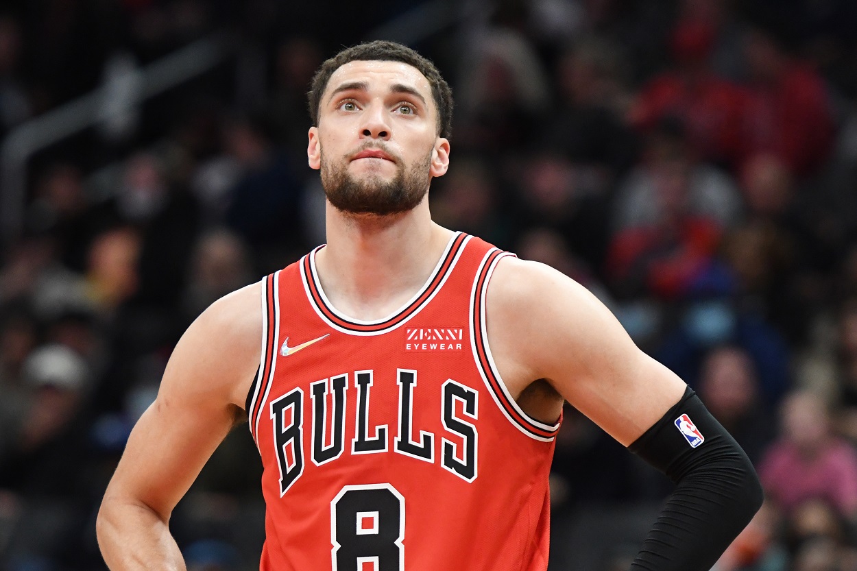 Zach Lavine during a Bulls-Wizards NBA matchup in March 2022