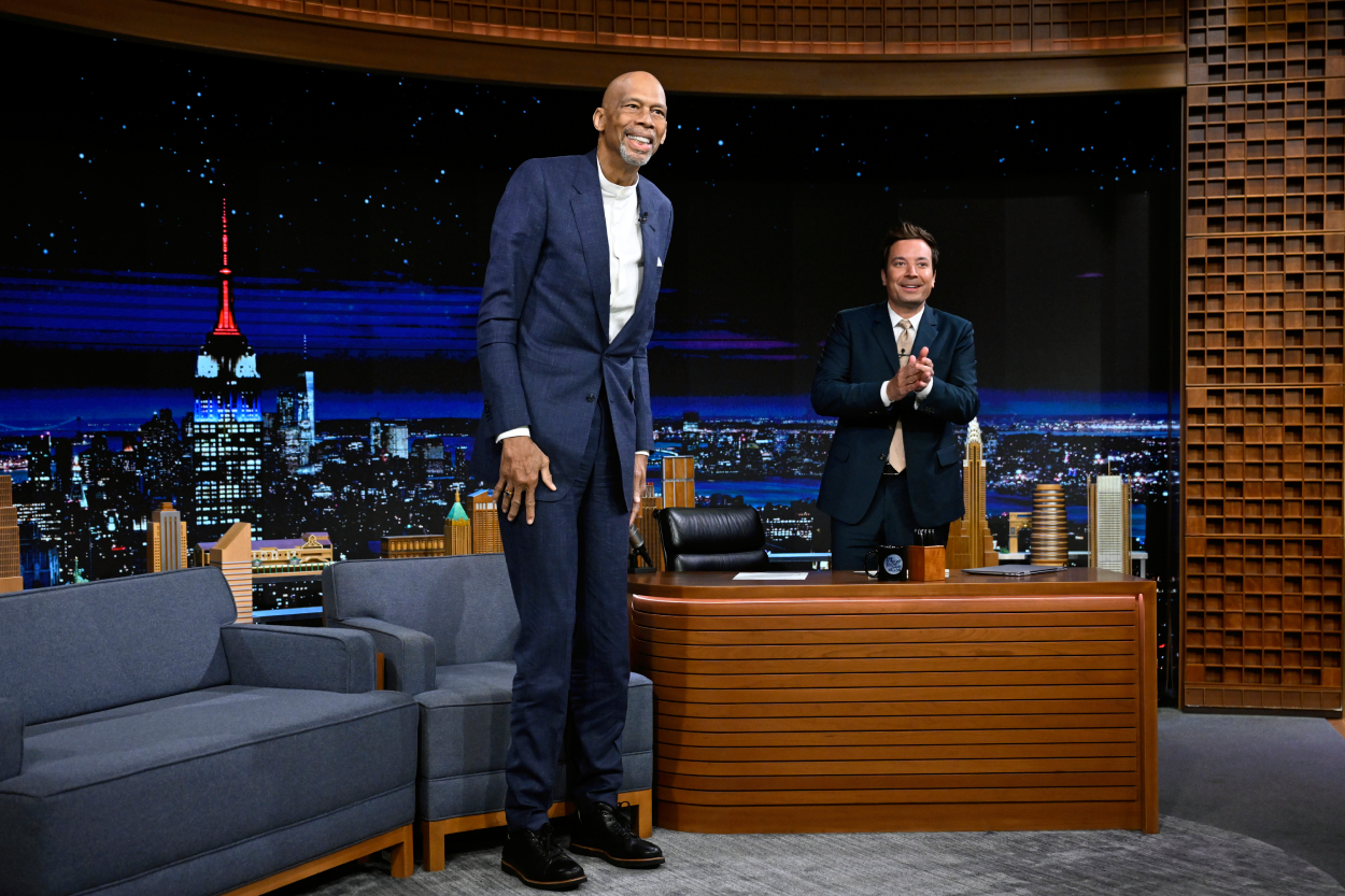 Former basketball player Kareem Abdul-Jabbar arrives to his interview with host Jimmy Fallon.