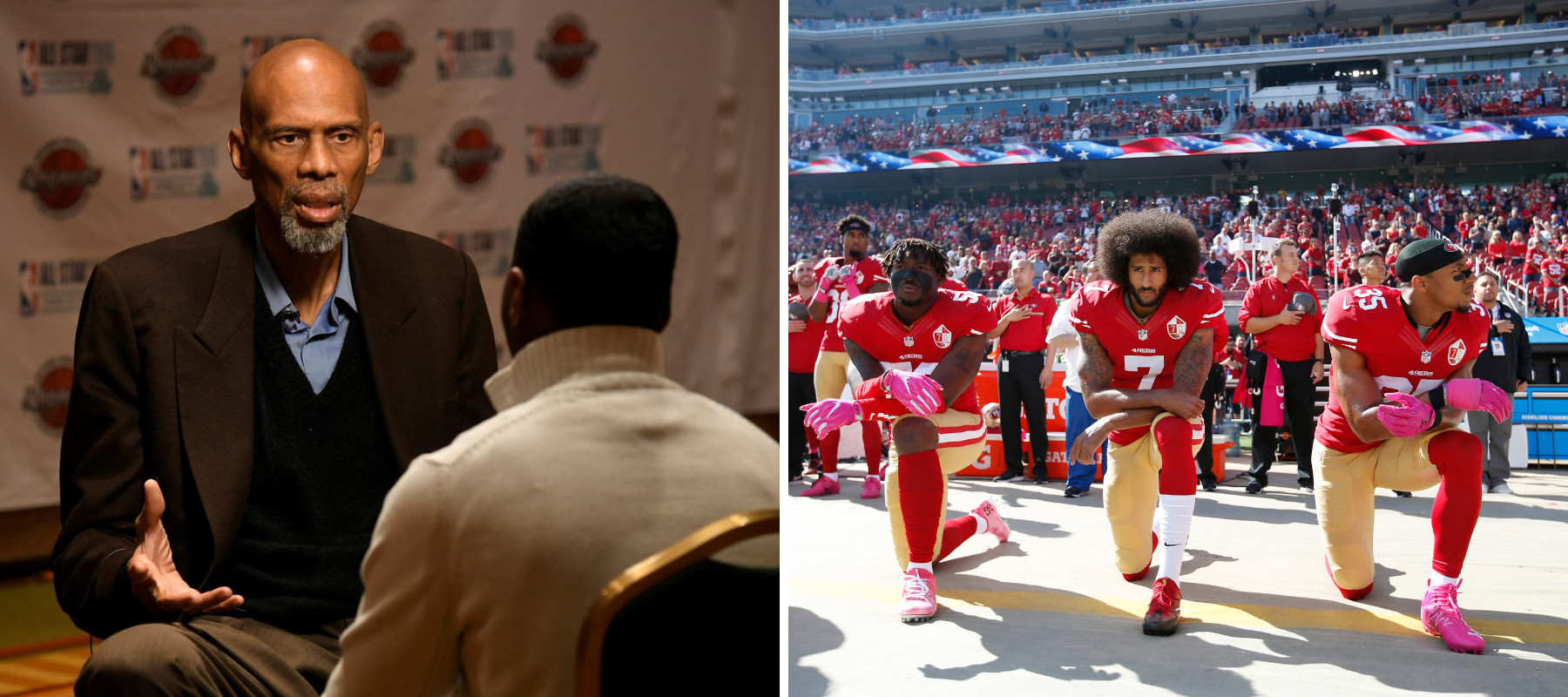 Kareem Abdul-Jabbar being interviewed at the NBRPA and Colin Kaepernick of the San Francisco 49ers kneeling