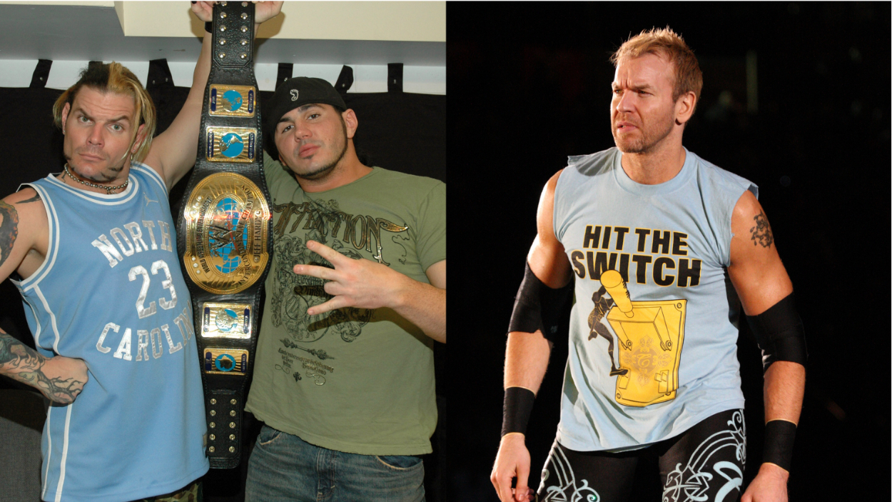 (L-R) AEW stars Jeff Hardy and Matt Hardy in 2007; Christian Cage in 2011.