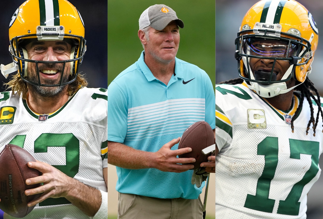 Green Bay Packers QB Aaron Rodgers, former Packers quarterback Brett Favre, and Raiders receiver Davante Adams