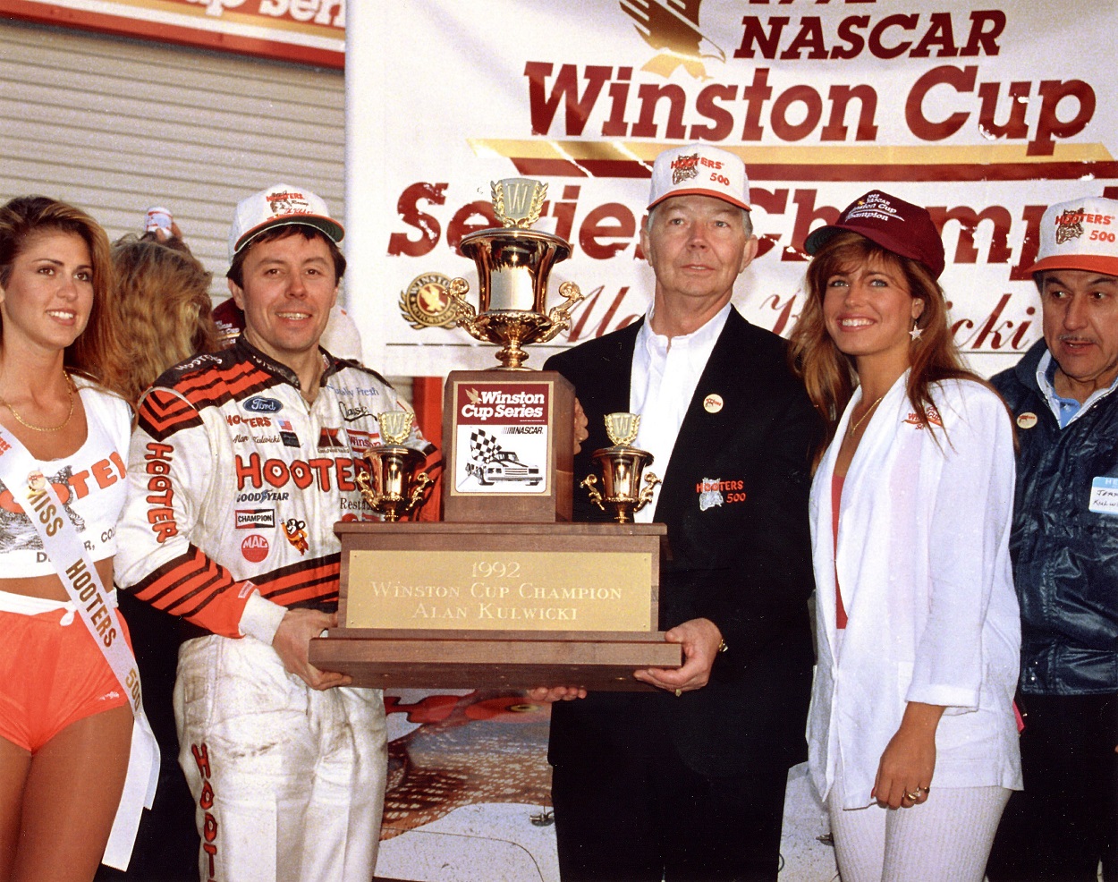 Alan Kulwicki celebrates winning the 1992 NASCAR Cup Series points championship