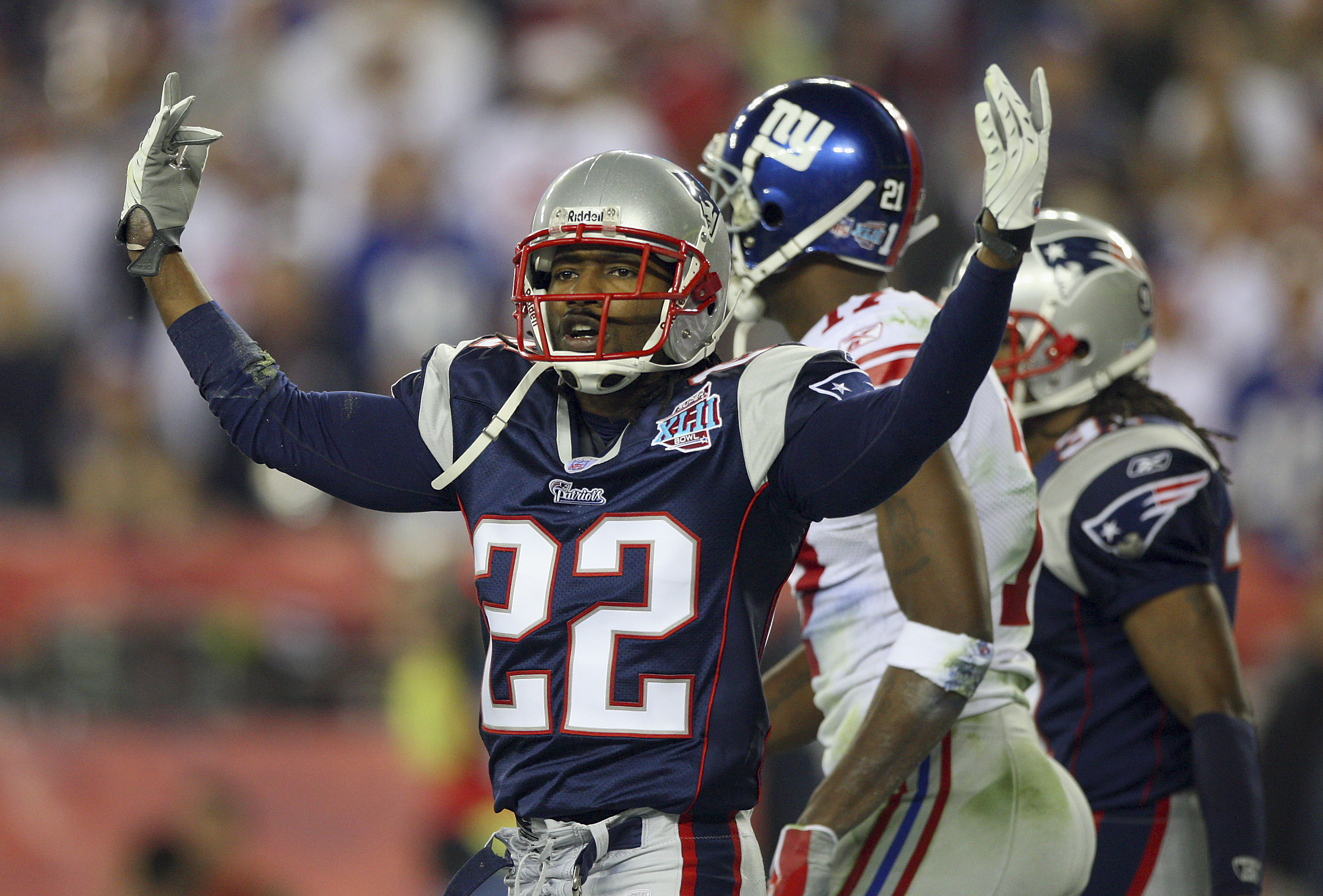 Cornerback Asante Samuel of the New England Patriots celebrates after breaking up a pass.
