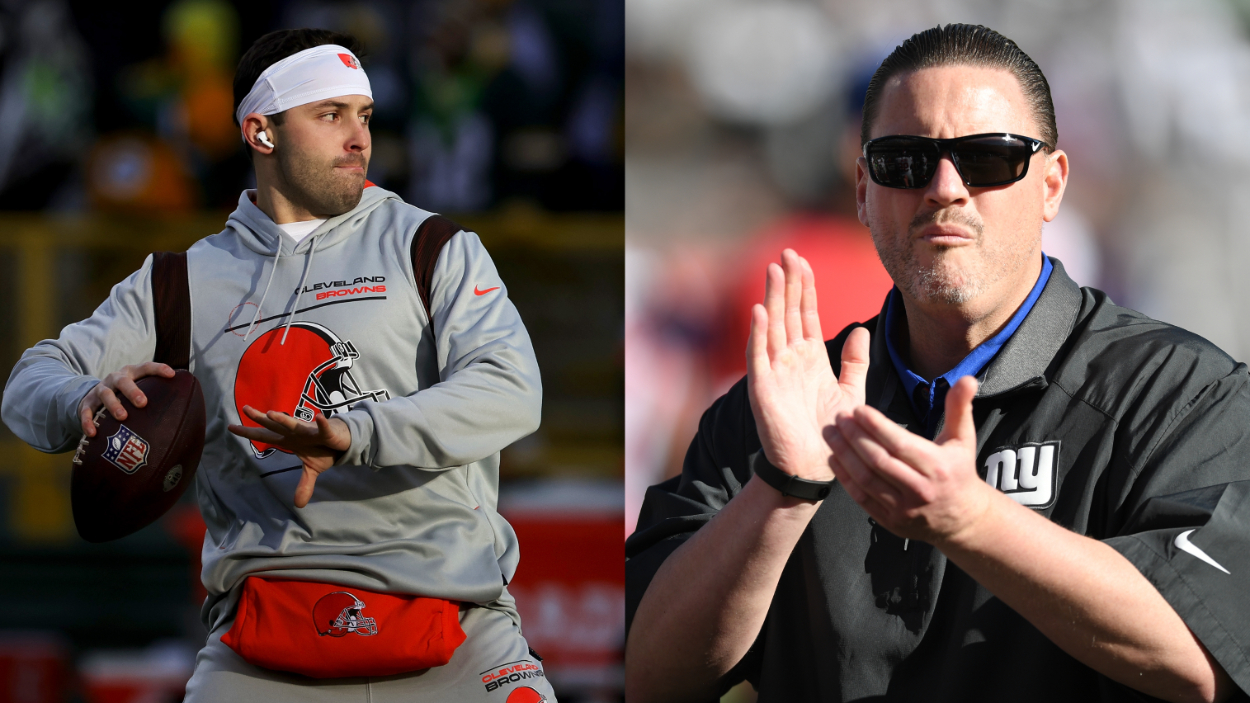 Quarterback Baker Mayfield (L) will be playing under Carolina Panthers OC Ben McAdoo (R) in 2022.