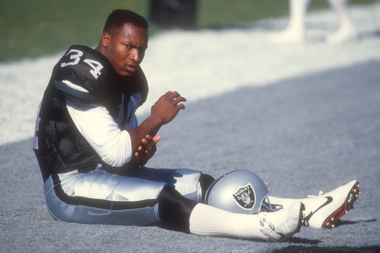 Bo Jackson of the Los Angeles Raiders warms up before an NFL game against the Atlanta Falcons.