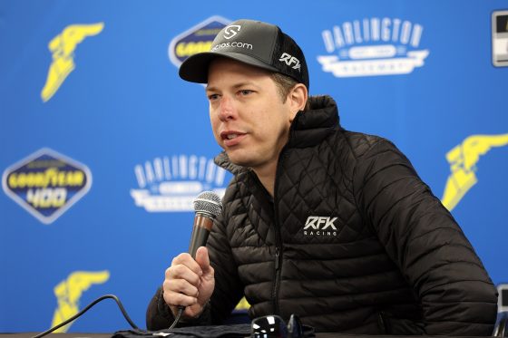 Brad Keselowski announces the RFK Racing and King's Hawaiian partnership during a press conference prior to the NASCAR Cup Series Goodyear 400 at Darlington Raceway on May 8, 2022, in Darlington, South Carolina.