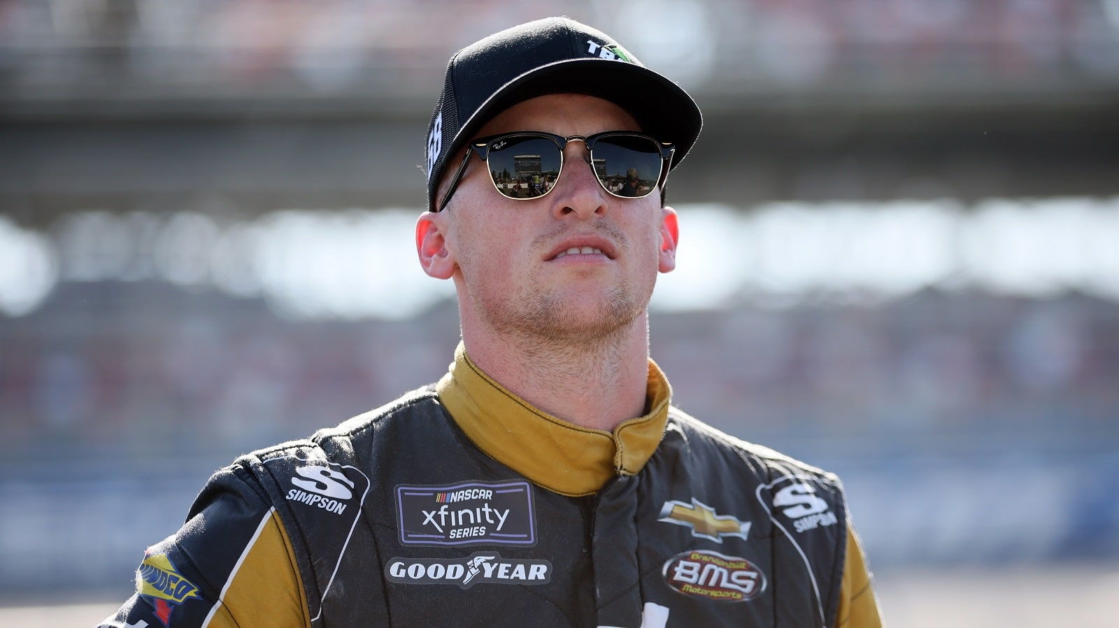 Brandon Brown looks on during qualifying for the NASCAR Xfinity Series Ag-Pro 300 at Talladega Superspeedway on April 22, 2022.