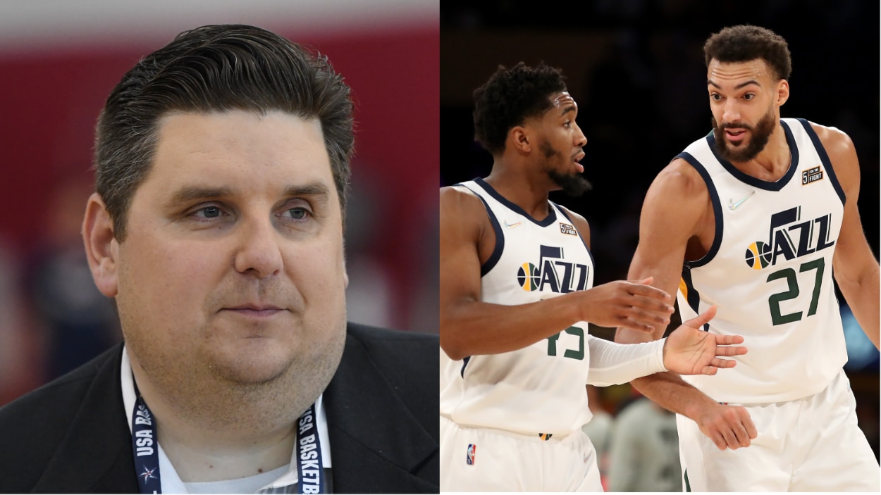 (L-R) ESPN NBA insider Brian Windhorst, Utah Jazz player Donovan Mitchell and former Jazz player Rudy Gobert