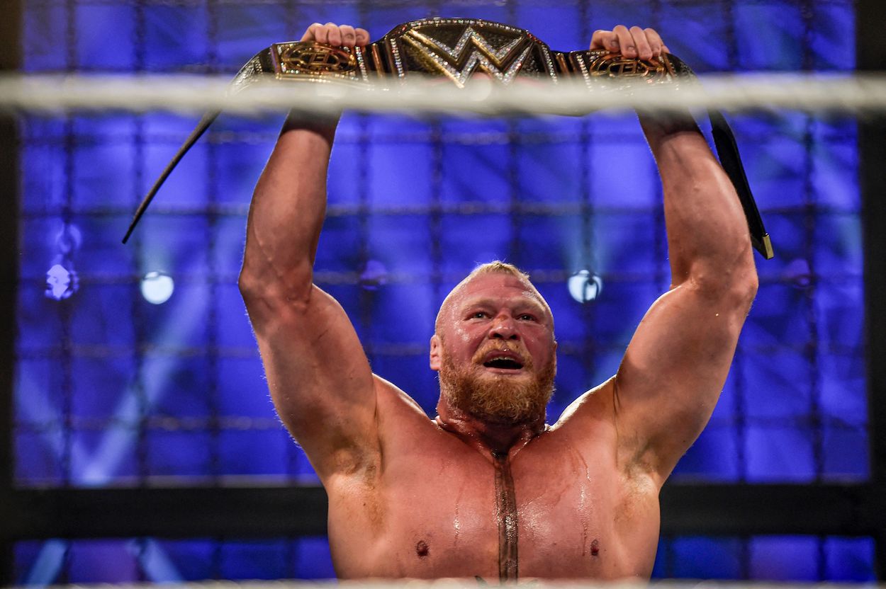 Brock Lesnar after winning the WWE championship belt at the 2022 Elimination Chamber.