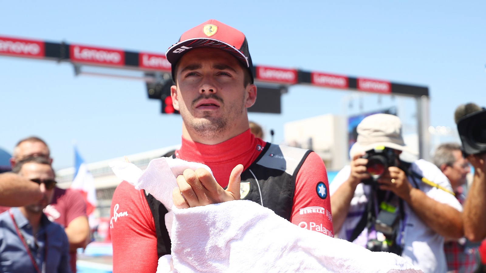 Scuderia Ferrari's Charles Leclerc prepares on the grid during the Formula 1 Grand Prix of France at Circuit Paul Ricard on July 24, 2022.