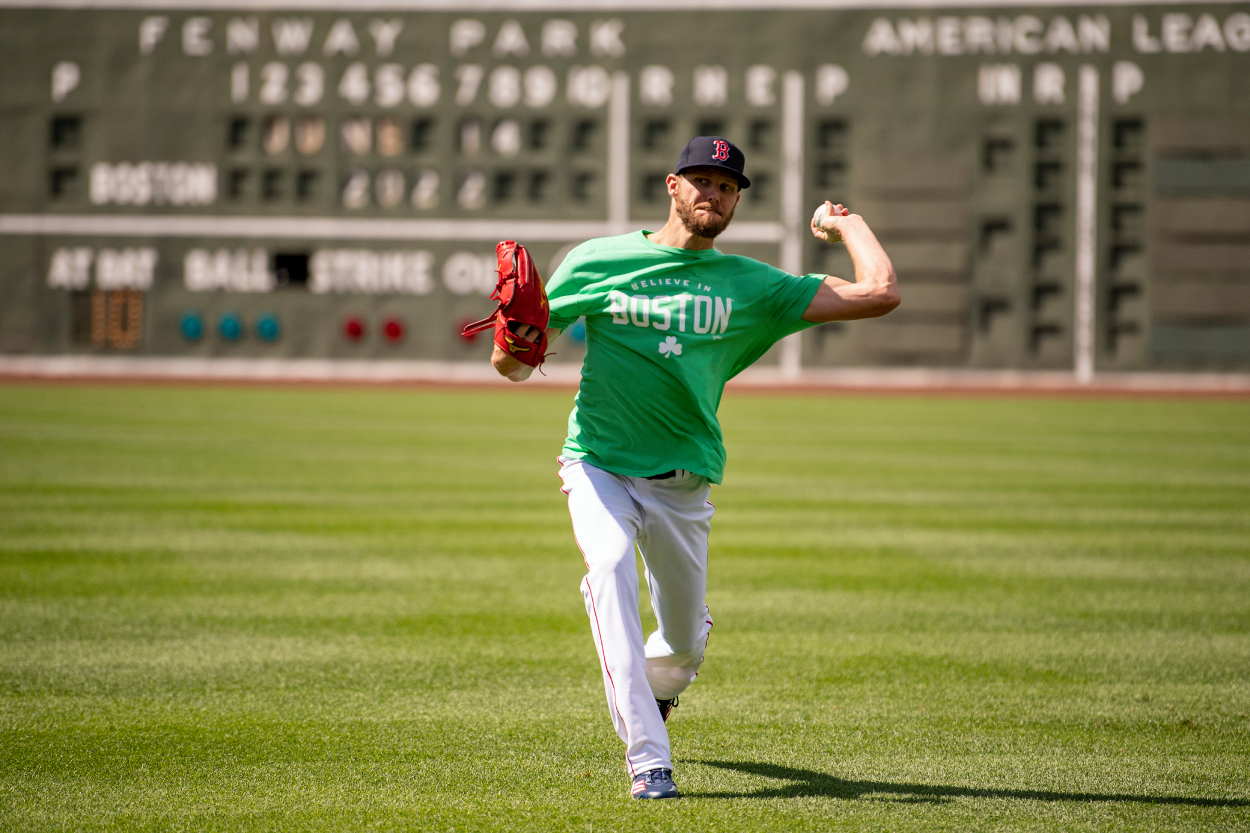 Chris Sale of the Boston Red Sox warms up before a game against the Oakland Athletics on June 14, 2022, at Fenway Park.