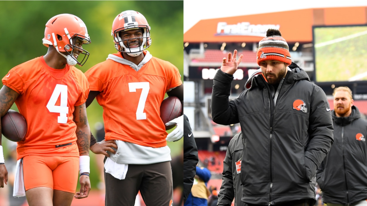 (L-R) Current Cleveland Browns quarterbacks Deshaun Watson and Jacoby Brissett, and former Browns QB Baker Mayfield