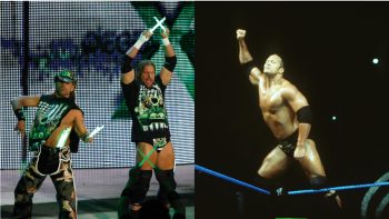 Triple H and Shawn Michaels (L) of WWE's D-Generation X (DX) and Dwayne "The Rock" Johnson (R) in the ring.