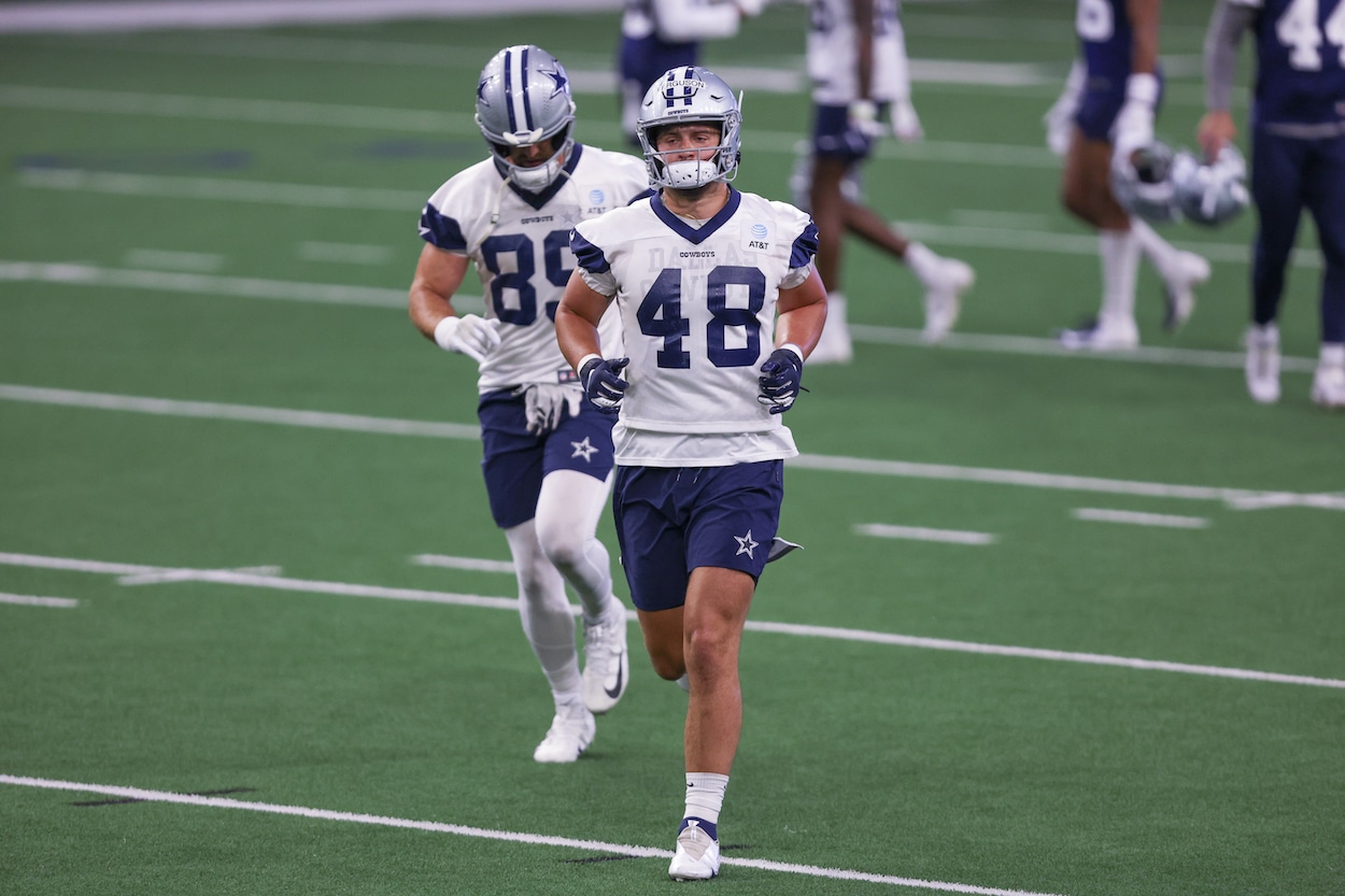 Tight end Jake Ferguson who will be involved in a 2022 Dallas Cowboys training camp battle.