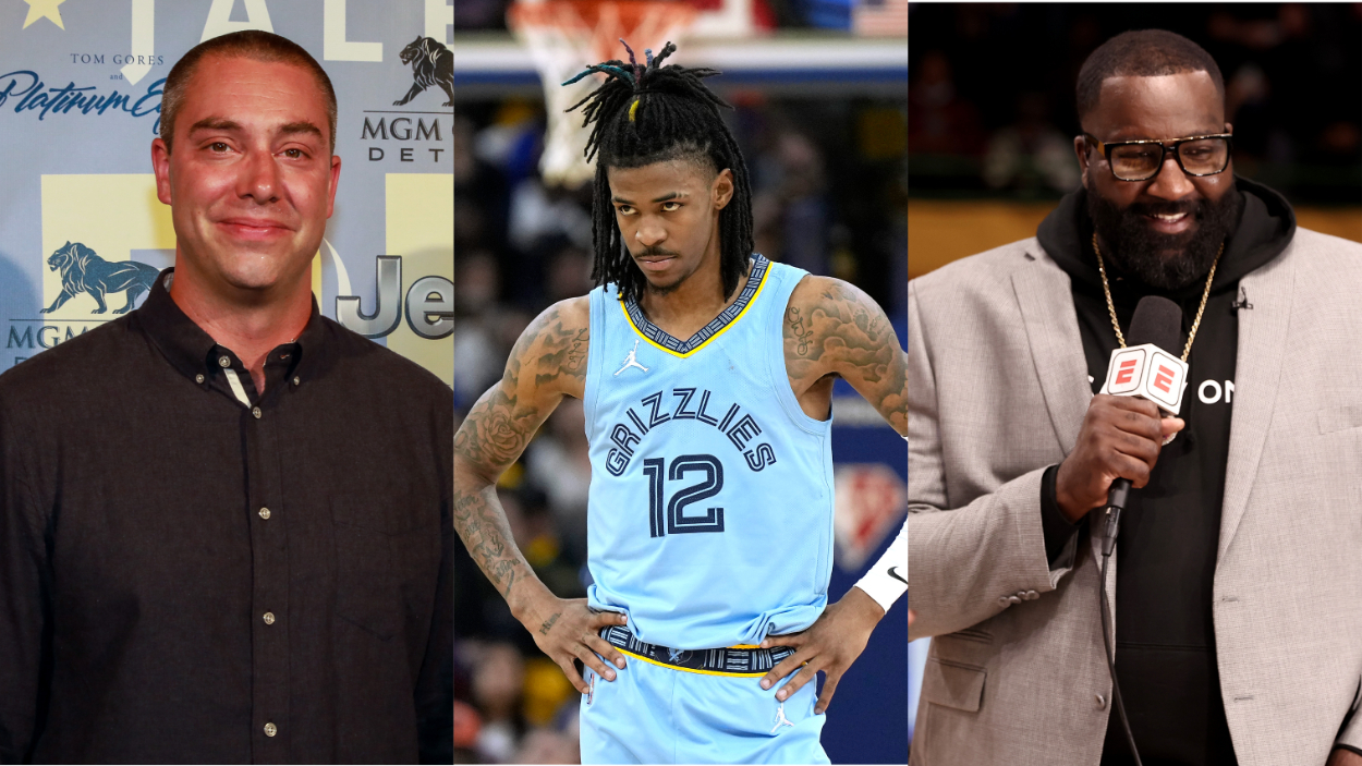 ESPN hosts Dave Jacoby (L) and Kendrick Perkins (R) were fooled by a fake quote attributed to Memphis Grizzlies star Ja Morant (C) on air.