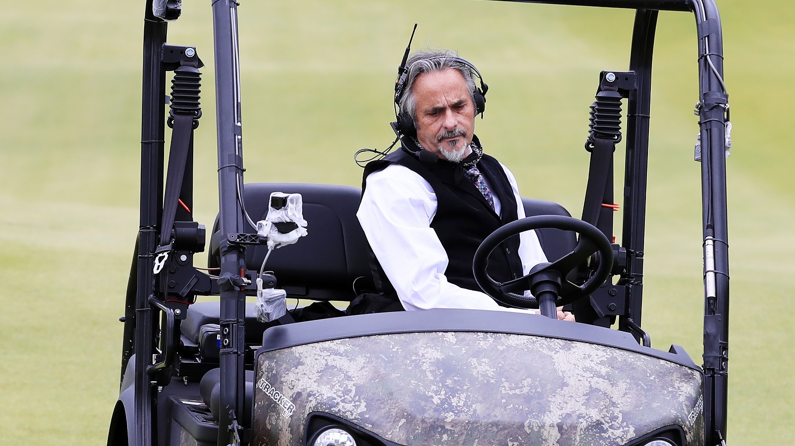 TV personality David Feherty looks on from an ATV during the Payne’s Valley Cup on Sept. 22, 2020, at Payne’s Valley course at Big Cedar Lodge in Ridgedale, Missouri.