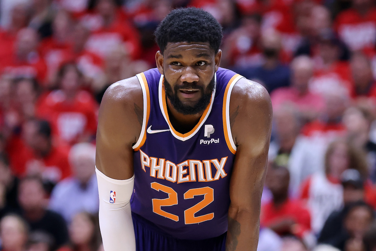 Deandre Ayton of the Phoenix Suns reacts against the New Orleans Pelicans in 2022.