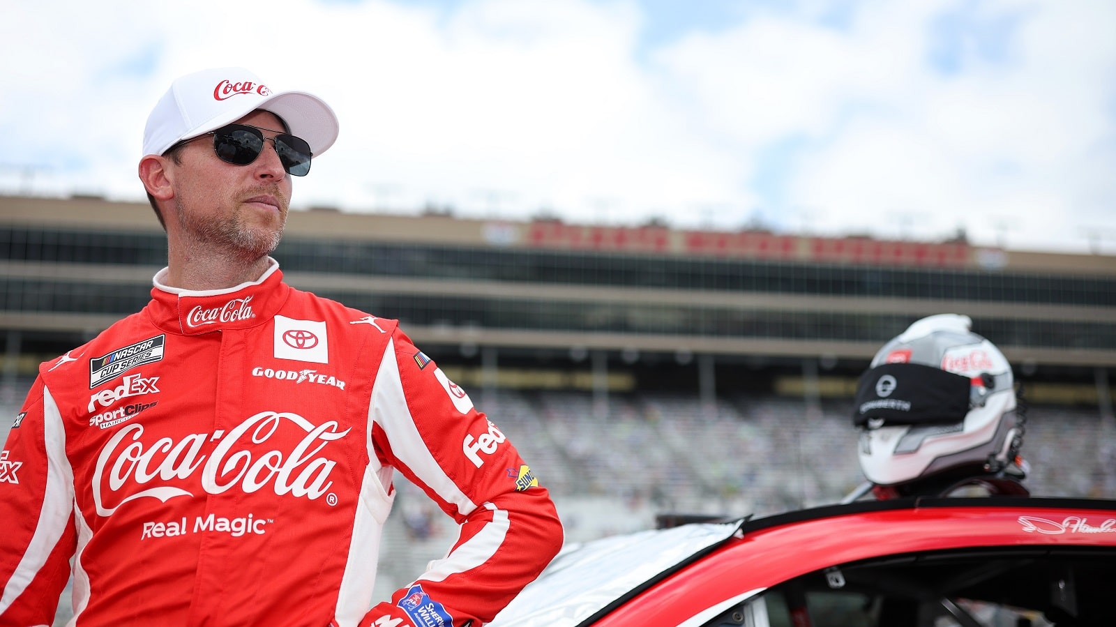 Denny Hamlin waits on the grid prior to the NASCAR Cup Series Quaker State 400 at Atlanta Motor Speedway on July 10, 2022. | James Gilbert/Getty Images