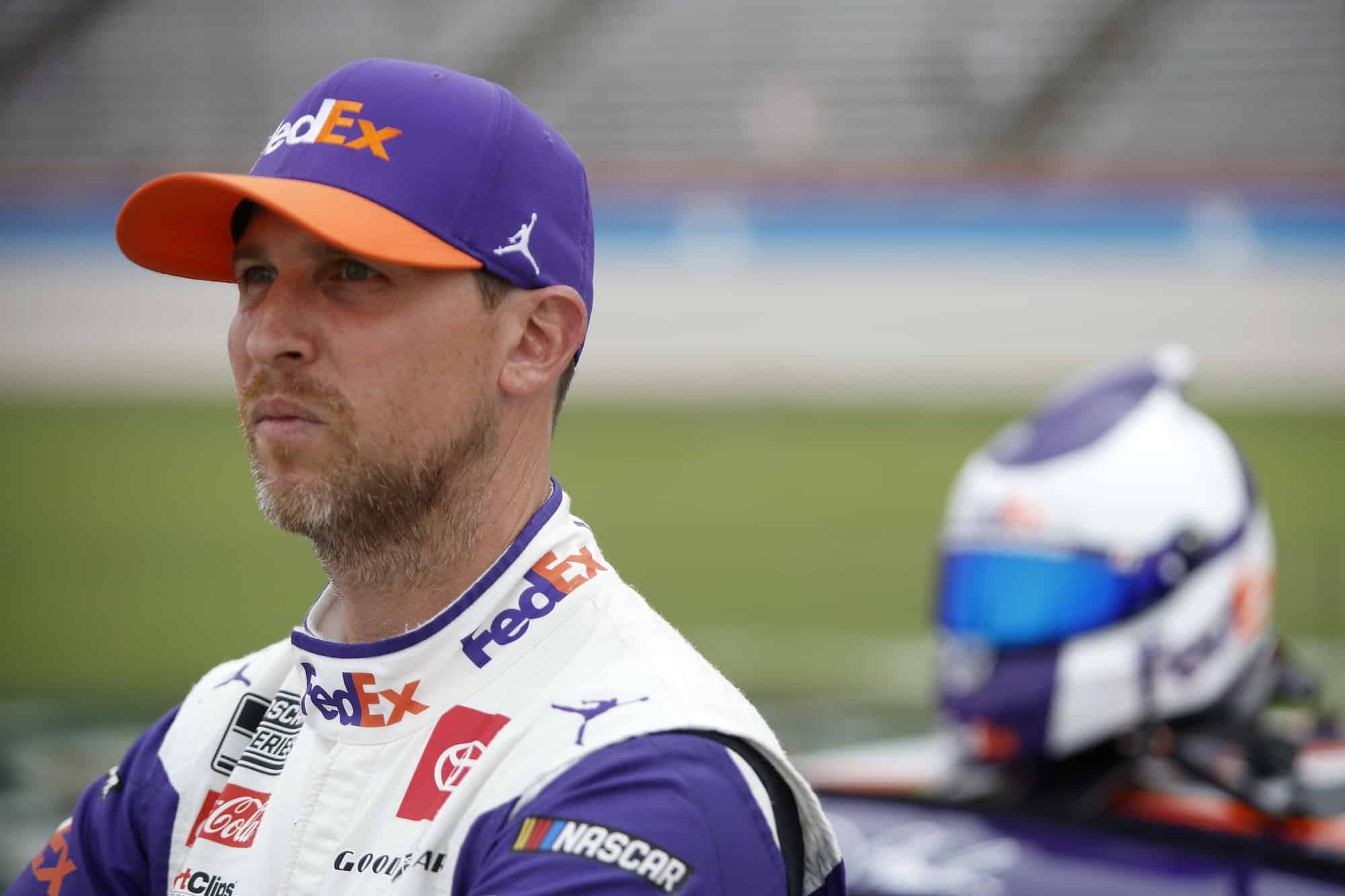 Denny Hamlin looks on during qualifying