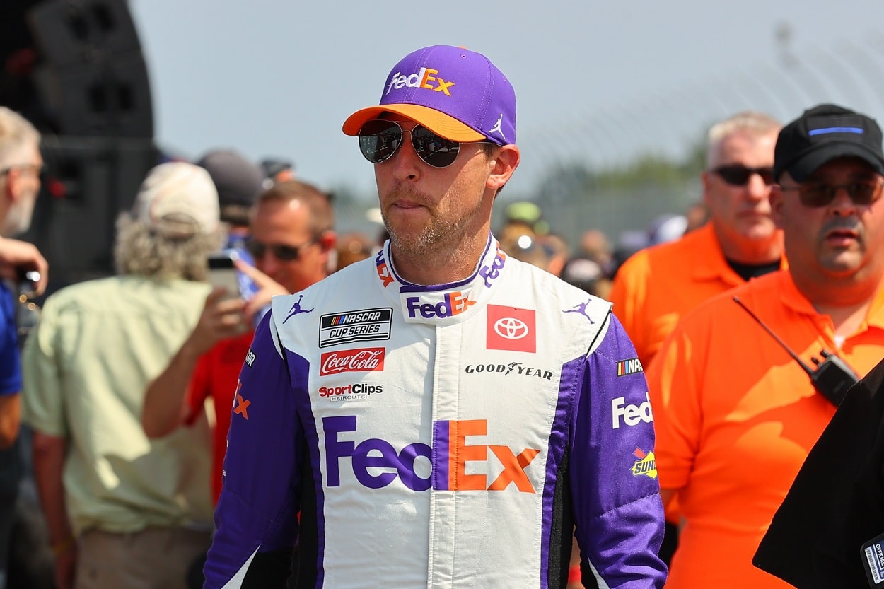 Denny Hamlin ahead of the 2022 NASCAR Cup Series M&Ms Fan Appreciation 400 at Pocono Raceway