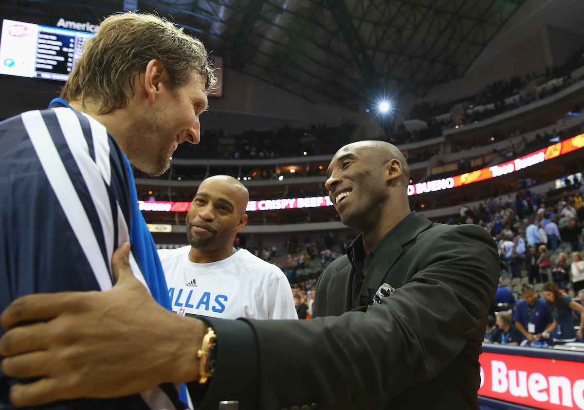 Dirk Nowitzki of the Dallas Mavericks greets Kobe Bryant of the Los Angeles Lakers after a 2013 game