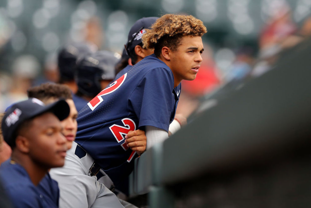 Druw Jones in the dugout during the 2021 MLB USA Baseball All-American Game