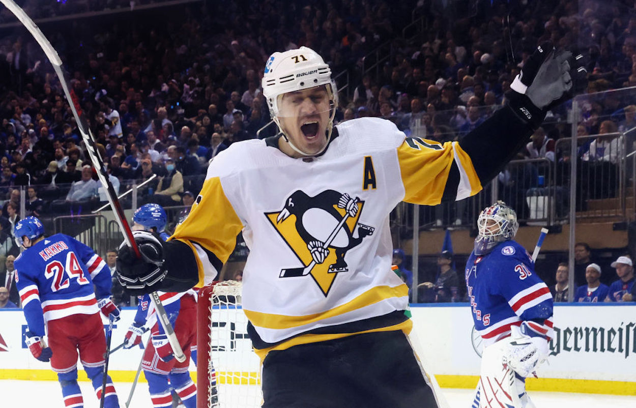Pittsburgh Penguins forward Evgeni Malkin celebrates a goal.