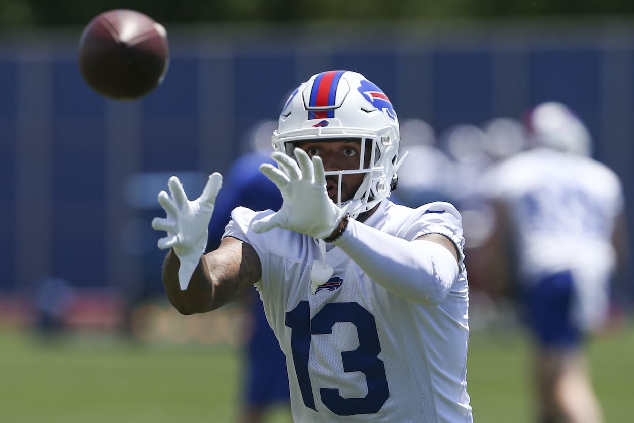 Gabriel Davis of the Buffalo Bills makes a catch during Bills 2022 mini camp.