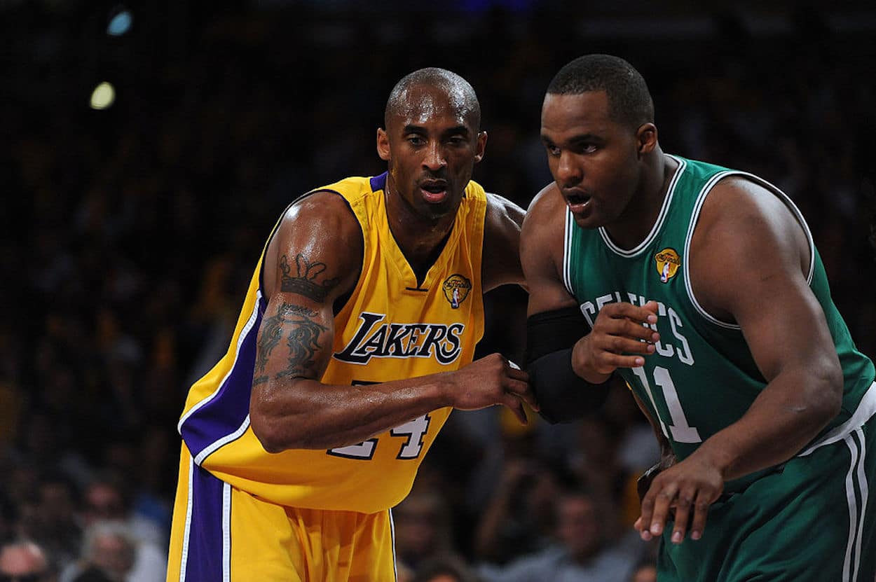 Kobe Bryant (L) and Glen 'Big Baby' Davis (R) battle during the 2010 NBA Finals.