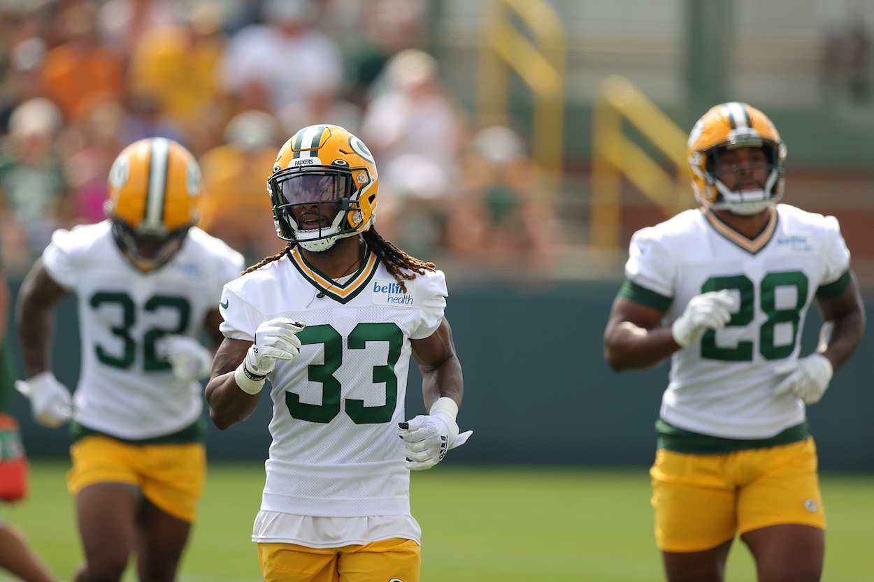 The runing backs group (pictured) are among the Green Bay Packers training camp battles in 2022.