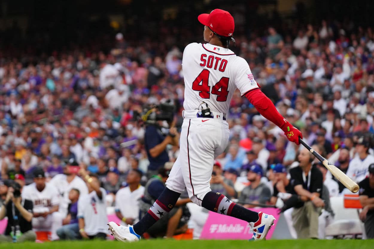 Juan Soto swings during the 2021 Home Run Derby.