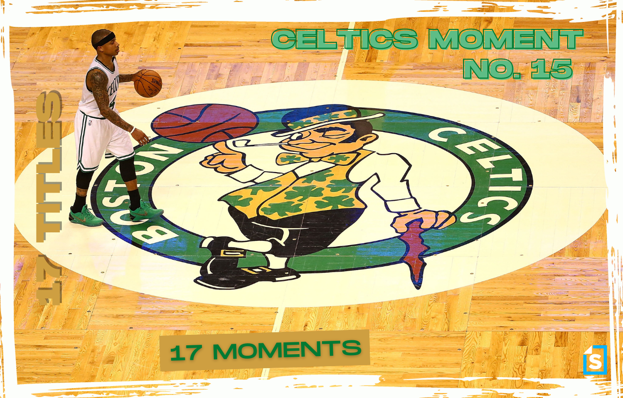 Boston Celtics point guard Isaiah Thomas dribbles the ball up the court.