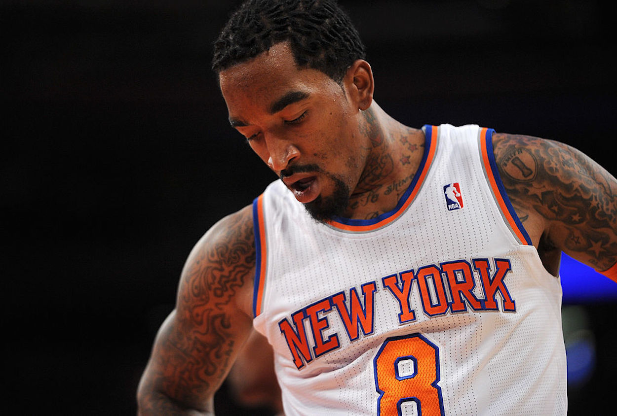 Guard J.R. Smith reacts as a member of the New York Knicks.